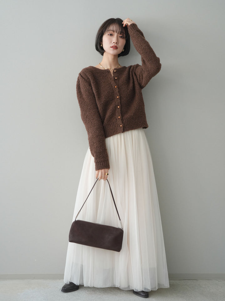 [SET]ゴールドボタンブークレニットカーディガン+チュールボリュームスカート(2set)