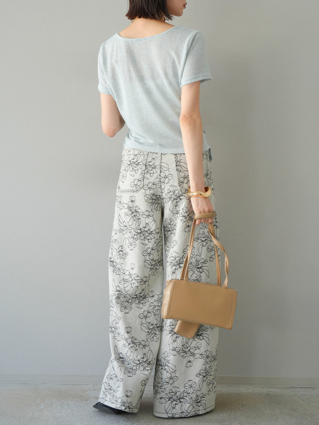 【預購】花朵提花牛仔寬褲/黑