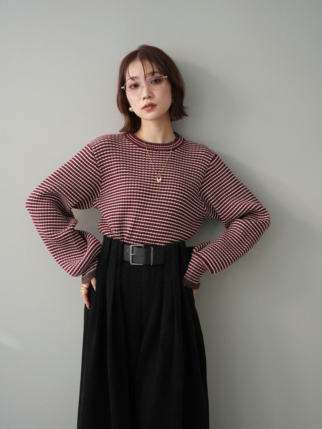 [予約]ラメ異素材ボーダーリブニットプルオーバー/bordeaux×brown