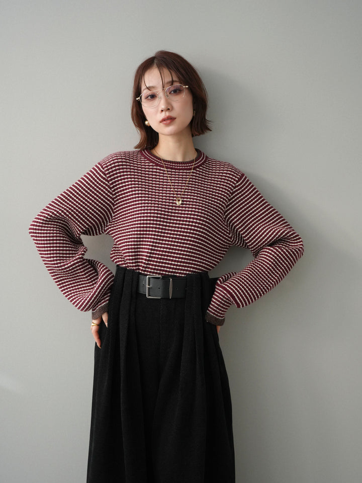 [予約]ラメ異素材ボーダーリブニットプルオーバー/bordeaux×brown