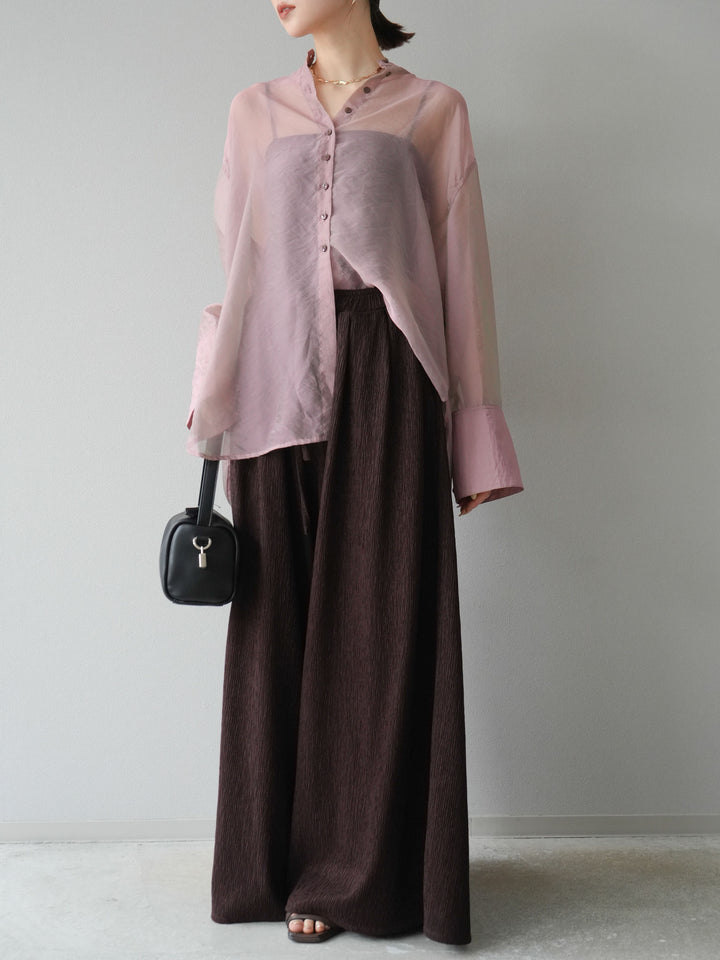 [SET] 亮面透視立領襯衫 + 柳葉寬褲 (2set)