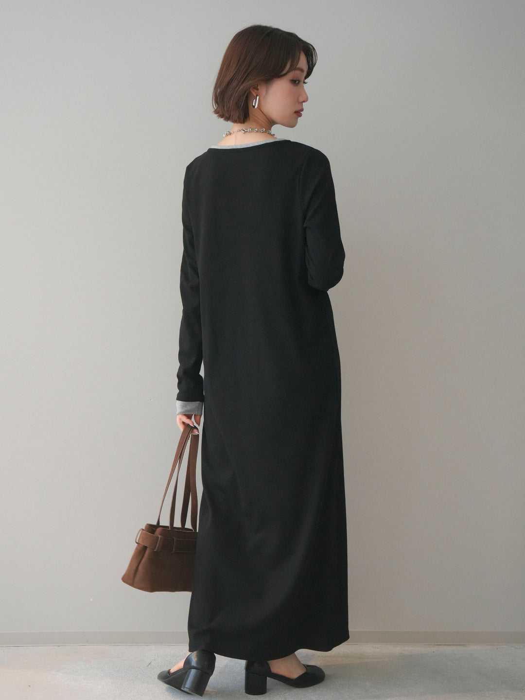 [予約]配色レイヤードヘンリーネックカットリブワンピース/black