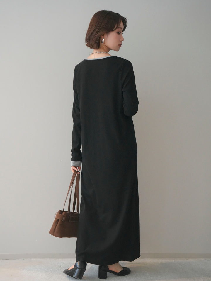 [予約]配色レイヤードヘンリーネックカットリブワンピース/black