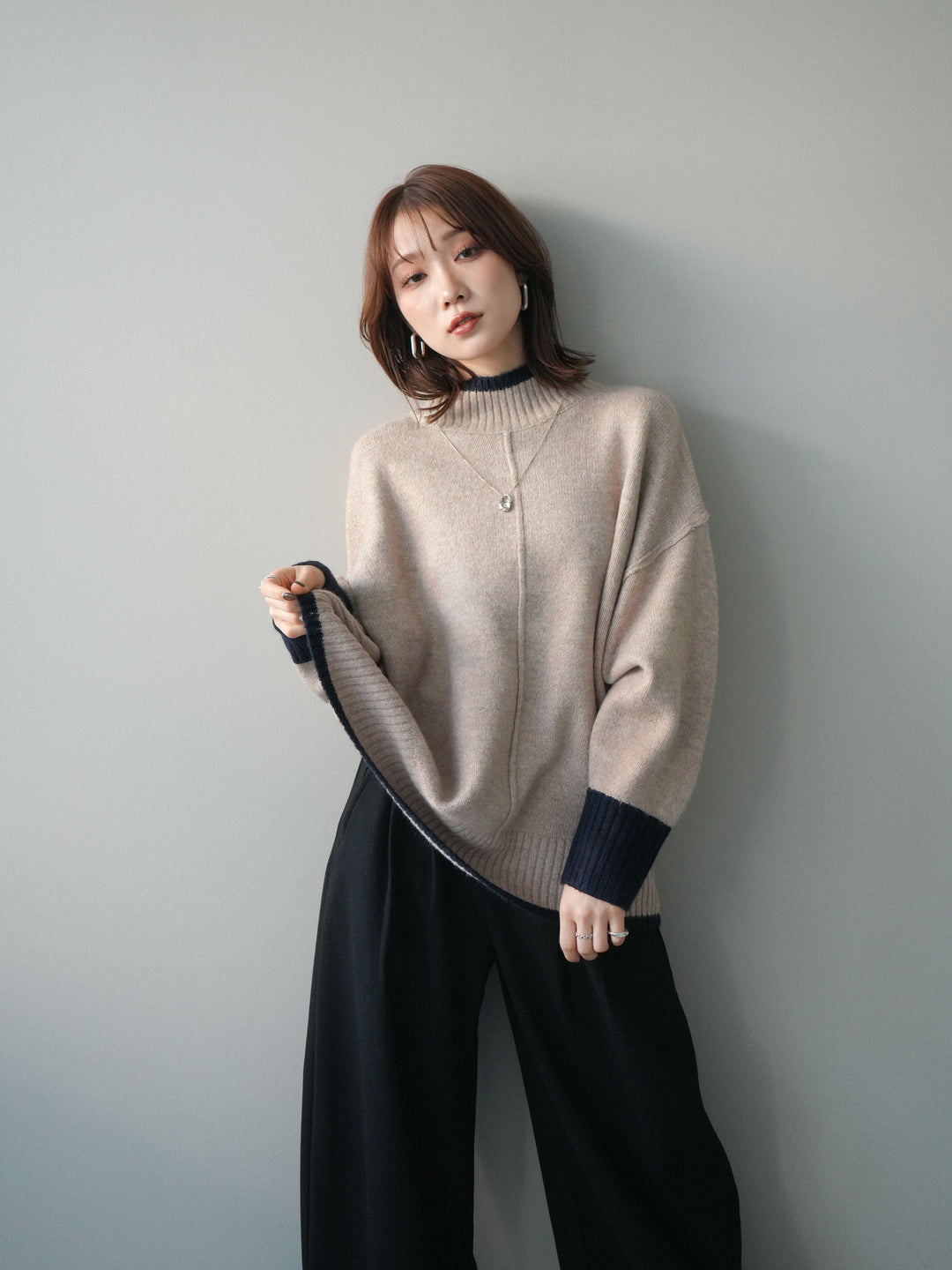 [SET]配色ハイネックニットプルオーバー+選べるアクセセット(2set)