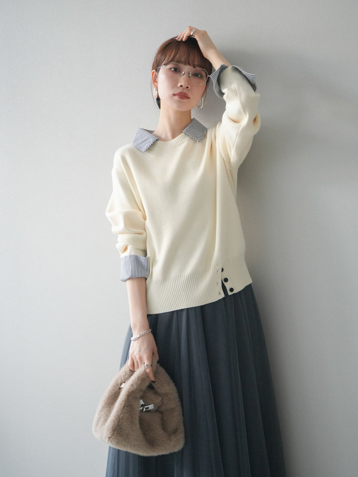 [予約]シャツドッキングデザイン裾ボタンニットプルオーバー/beige