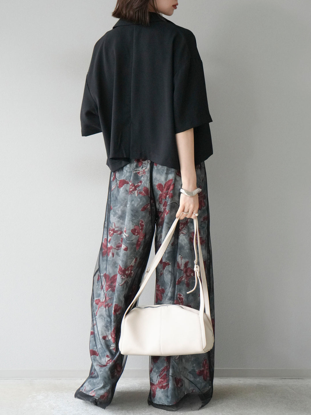 [SET]ハーフショートジャケット+フラワープリントチュールレイヤードパンツ(2set)