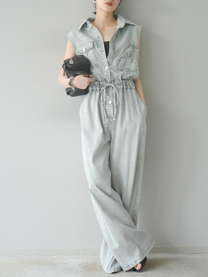 [予約]ポケットデザインデニムオールインワン/グレー