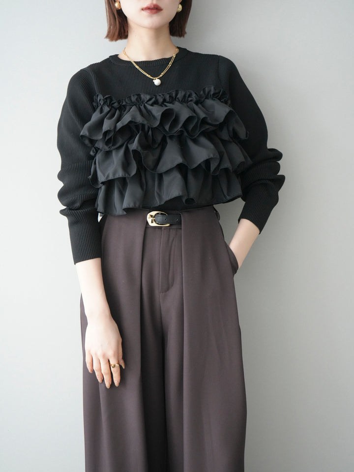 [SET]フリルビスチェドッキングスポンジニットプルオーバー+ストーンフォークリング(2set)