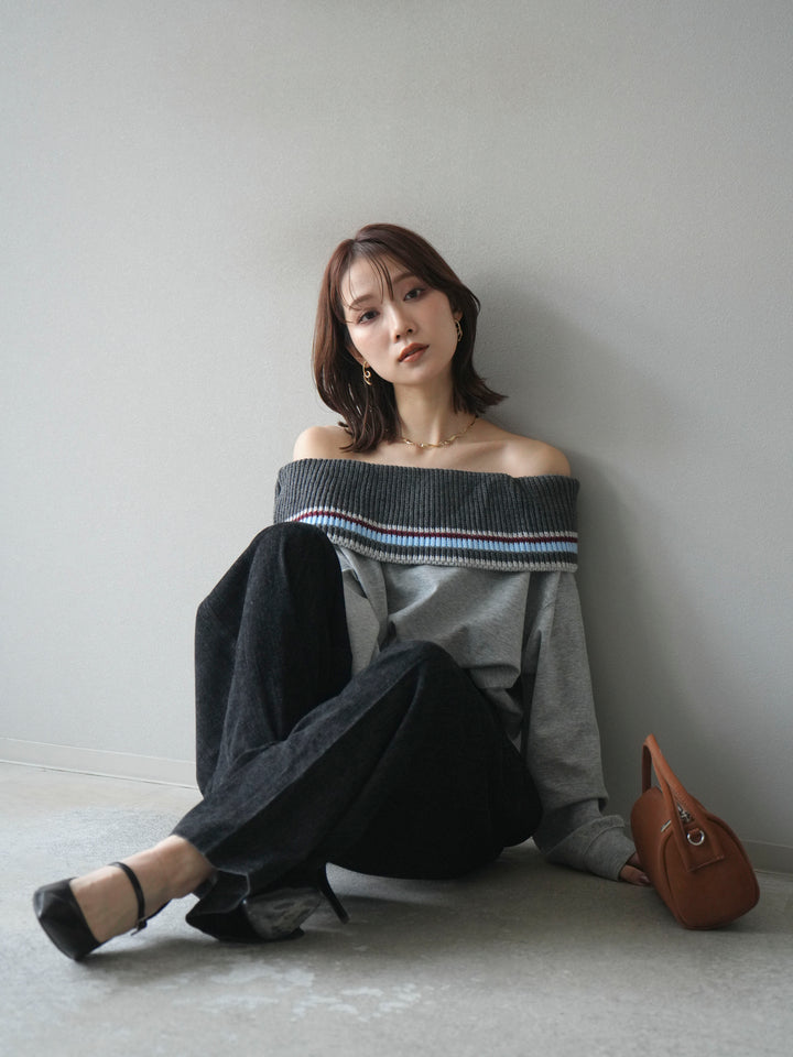 [予約]ボーダーニットオフショルダーxスウェットプルオーバー/gray