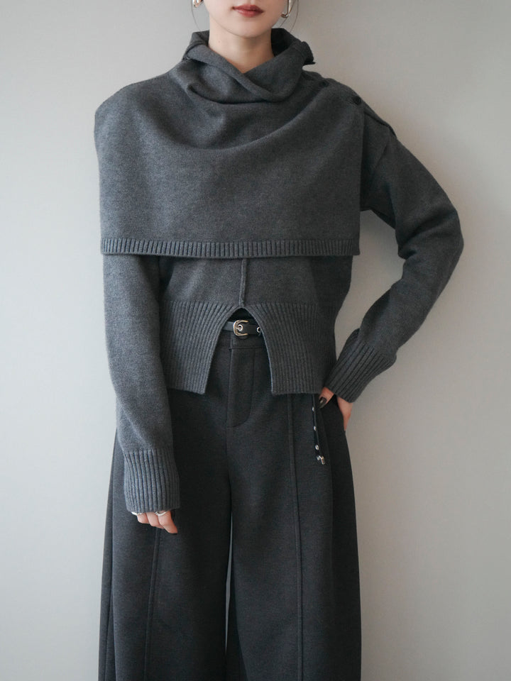 [予約]フロントスリットネックアンサンブルニット/charcoal