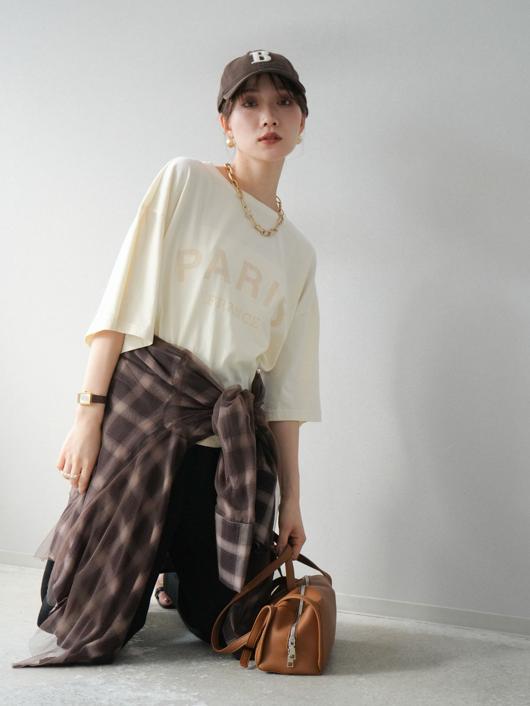 [SET]ピグメントロゴプリントTシャツ+2WAYデザインスウェットパンツ+チュールドッキングチェック柄オーバーサイズシャツ(3set)