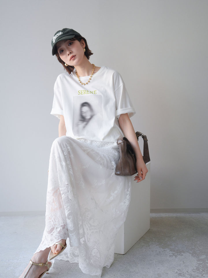 [SET]ブラーアートフォトTシャツ+シアーレースマキシスカート(2set)