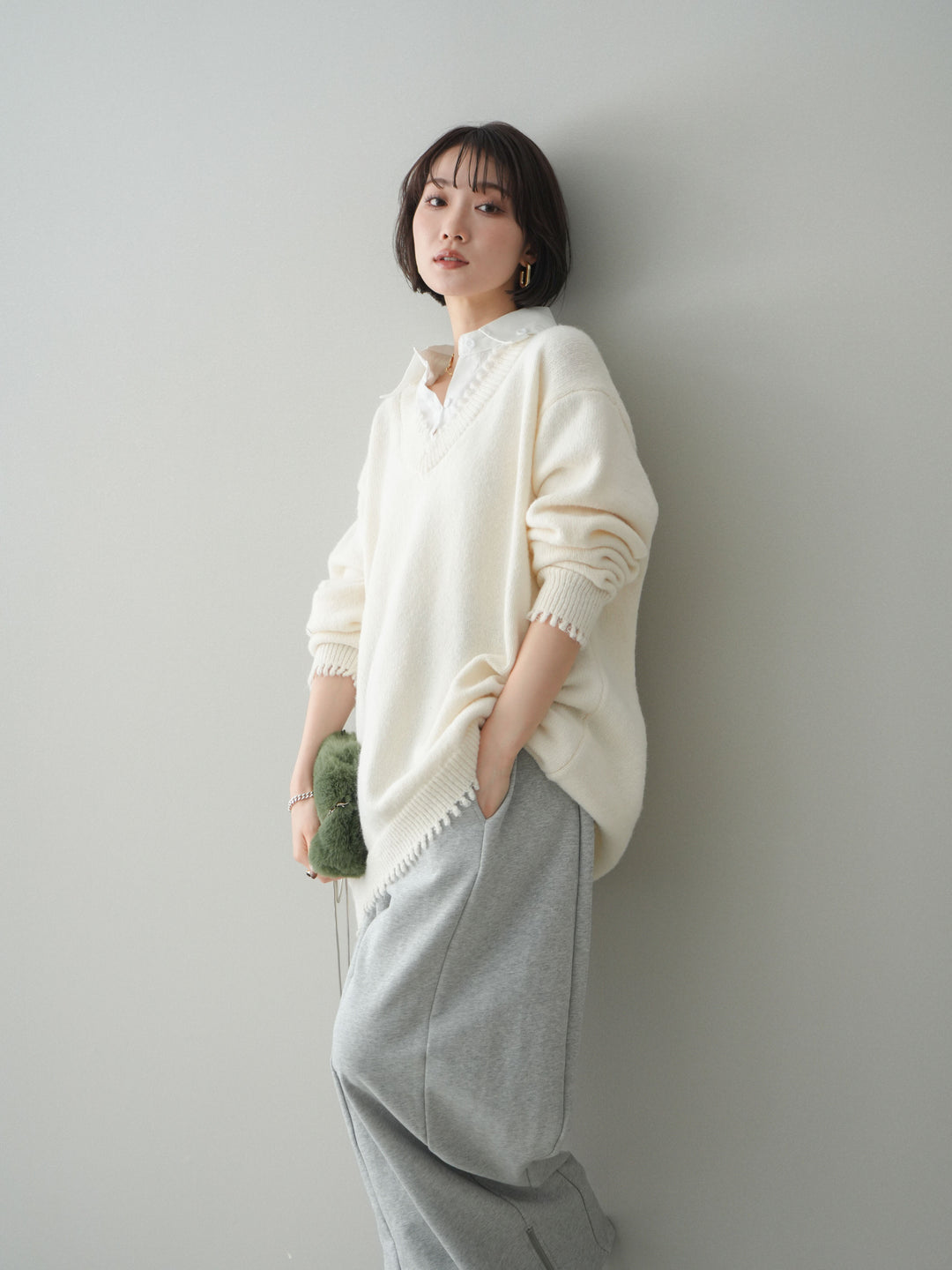 [SET]シャツドッキングVネックフリンジニットプルオーバー+選べるアクセセット(2set)