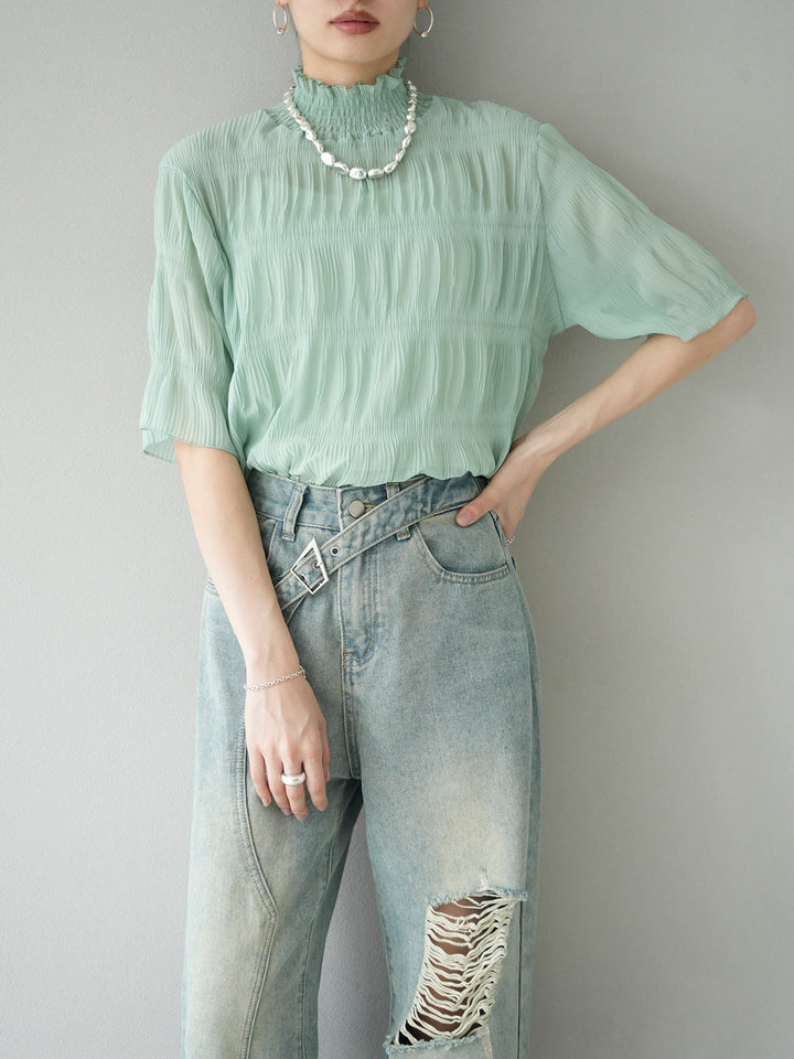 [Pre-order] Shirring Chiffon Half Sleeve Blouse/Mint