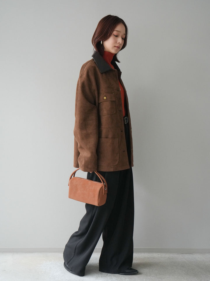 [SET]襟レザーステンカラースエードジャケット+袖ボタンボトルネックリブニットトップス+ベルトループデザインワイドパンツ(3set)