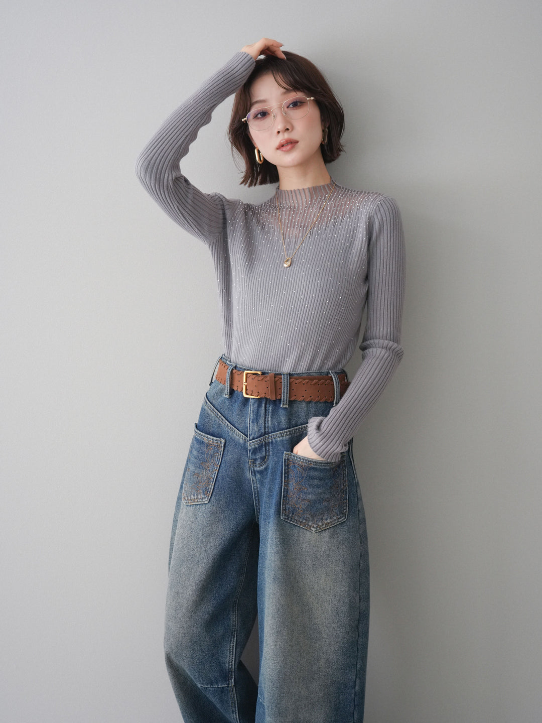 [予約]シアー切替スパンコールリブニットトップス/gray