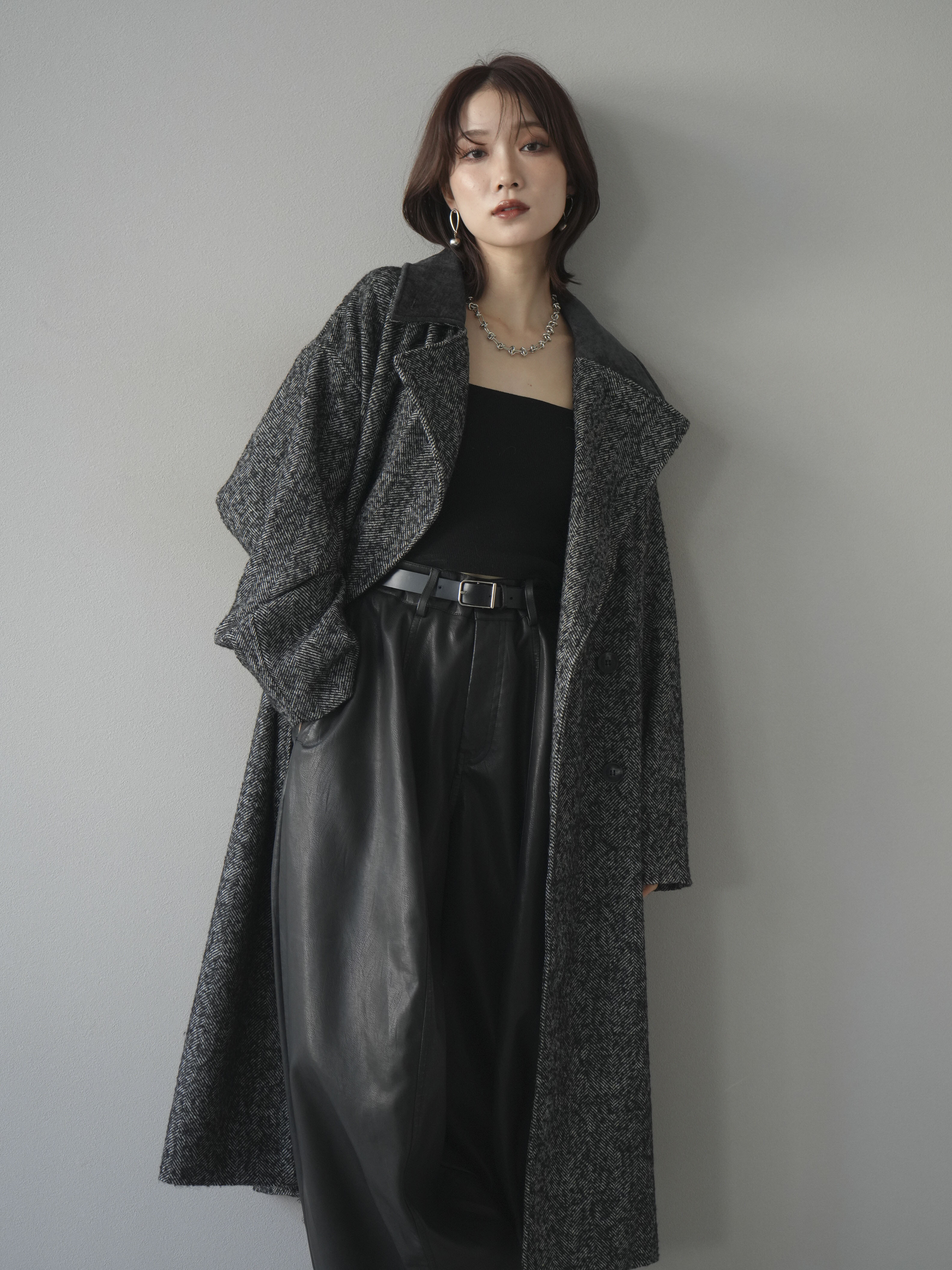 30%OFF]ネップヘリンボーンレザー襟チェスターコート/charcoal