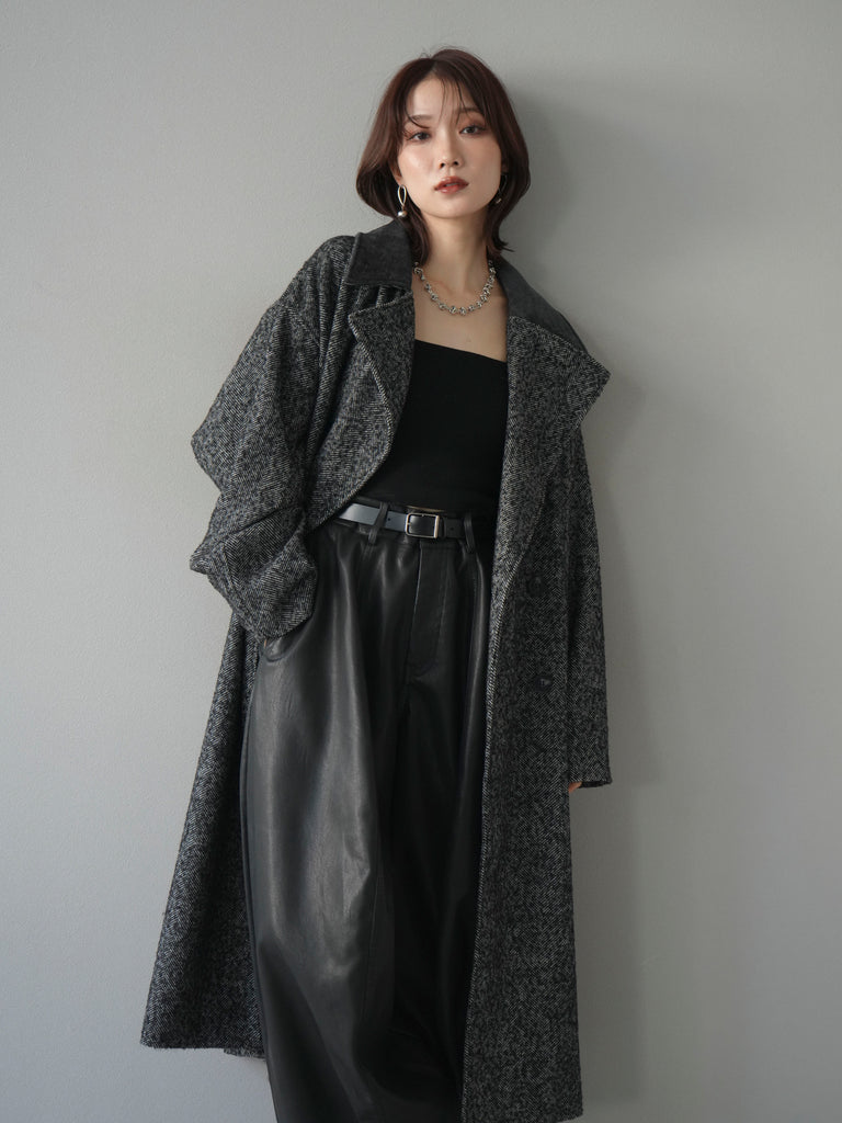 予約]ネップヘリンボーンレザー襟チェスターコート/charcoal – Lumier