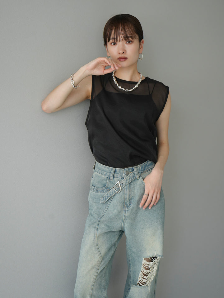 [SET] Organdy sleeveless top + belt asymmetrical damaged denim (2set)