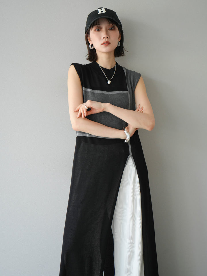 [SET] 配色開衩針織洋裝 + 波浪滾邊休閒褲 (2件套)