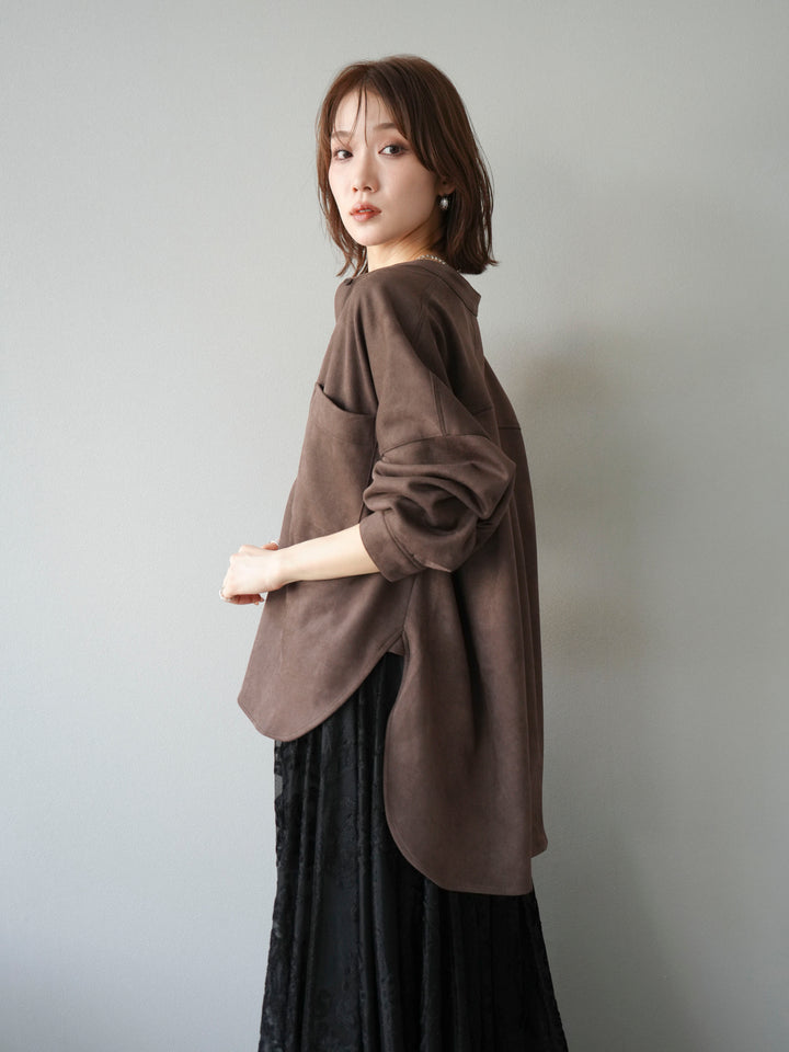 [SET]スエードバンドカラーオーバーシャツ+アンティーク柄フロッキーマキシスカート(2set)