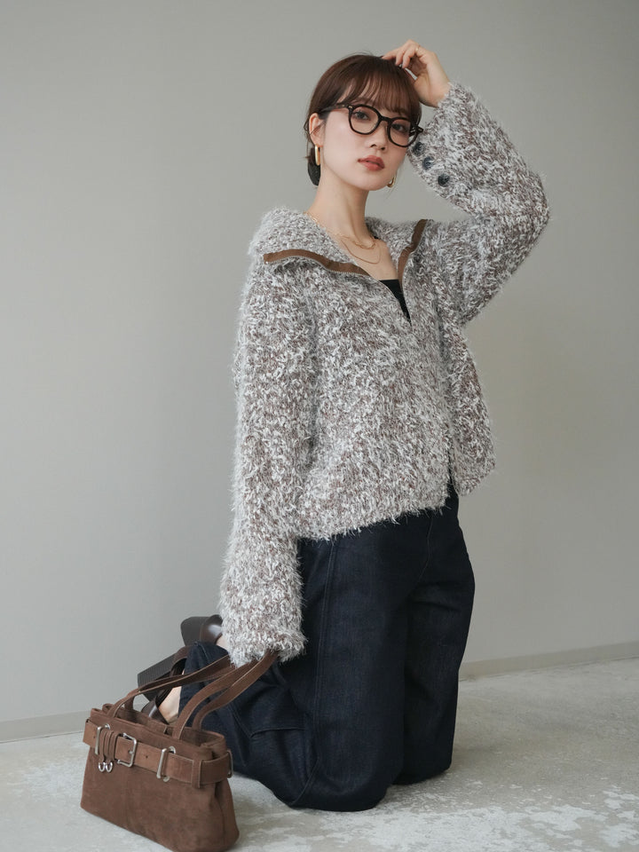 [予約]ミックスシャギージップニットカーディガン/brown