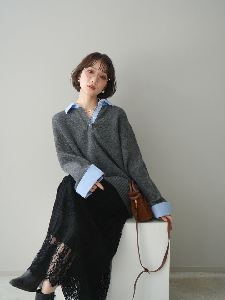 [予約]シャツドッキングオーバーニットプルオーバー/charcoalsax