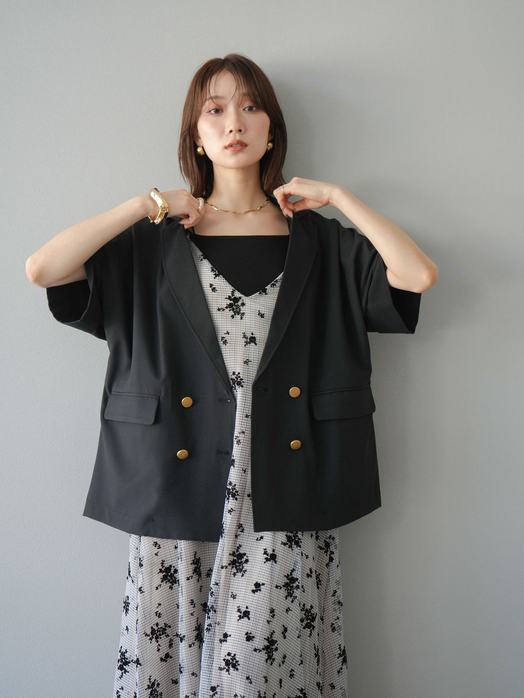 [套裝] 植絨薄紗層疊天鵝絨吊帶連身裙 + 金色紐帶半夾克 (2 套)