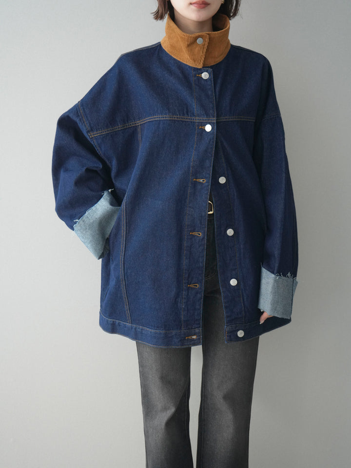 [SET]コーデュロイ×デニムミドルジャケット+フレアデニムパンツ(2set)