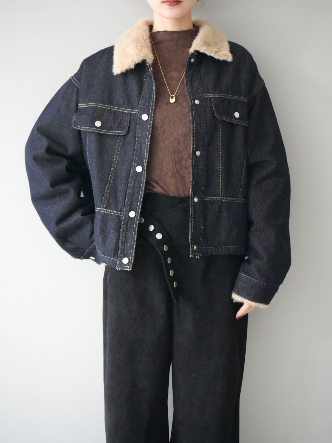 [予約]デニム×ファーステンカラーショートジャケット/indigo