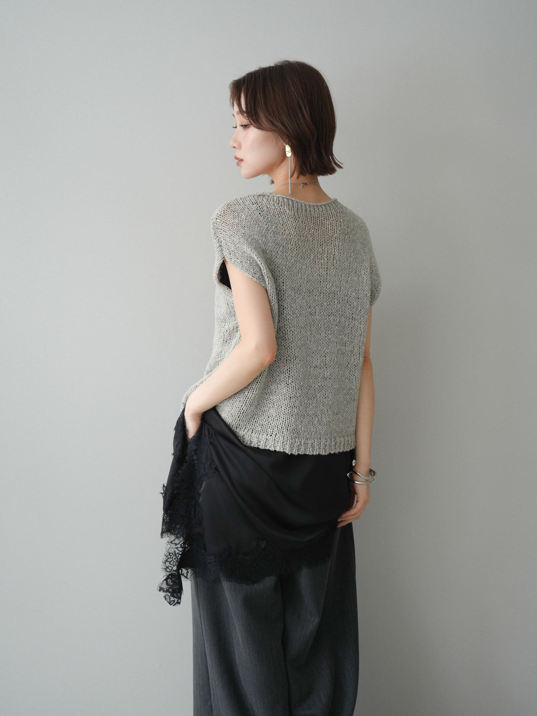 [予約]テープヤーンノースリーブニットトップス/gray