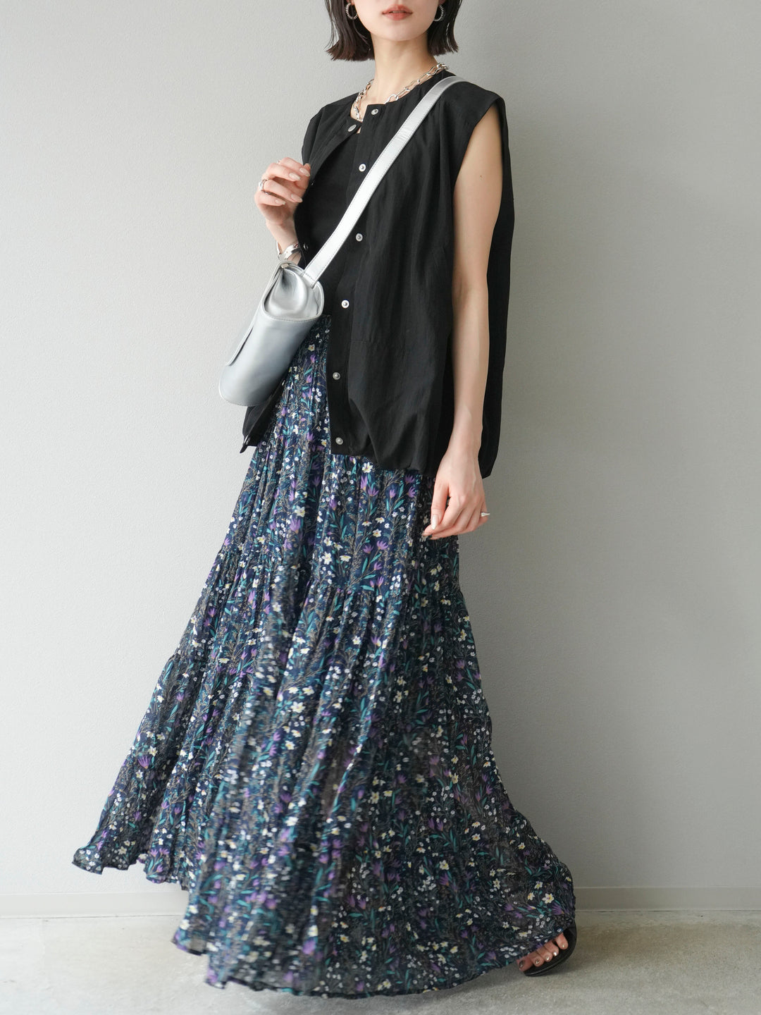 [SET]リネンライクドロストバルーンブルゾン+フラワーワッシャープリーツスカート(2set)