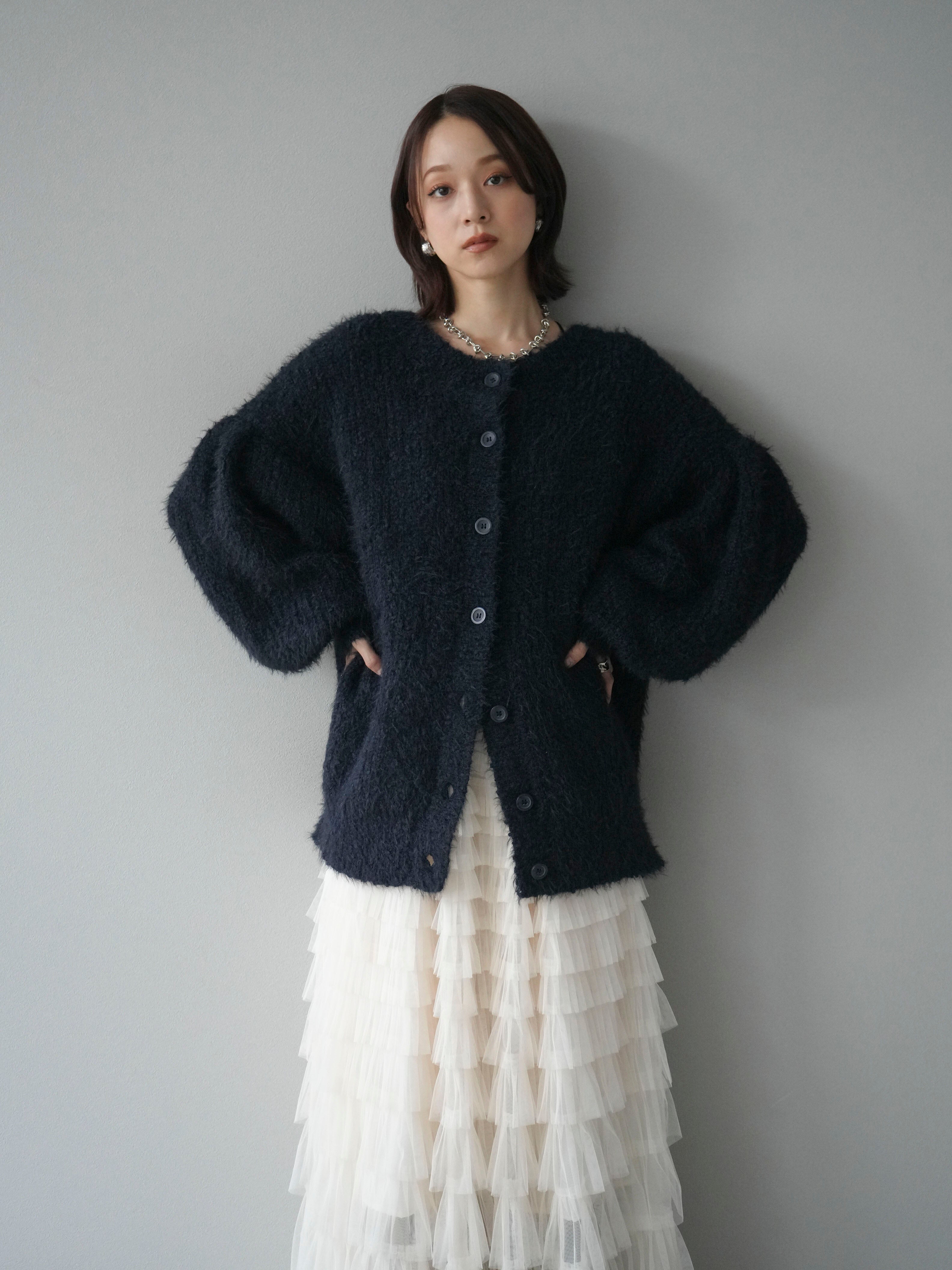 1]クルーネックランダムシャギーカーディガン/ネイビー – Lumier