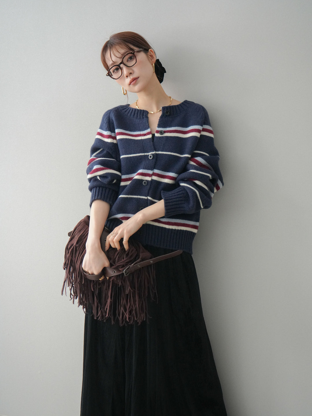 [予約]ランダムボーダーニットカーディガン/navy