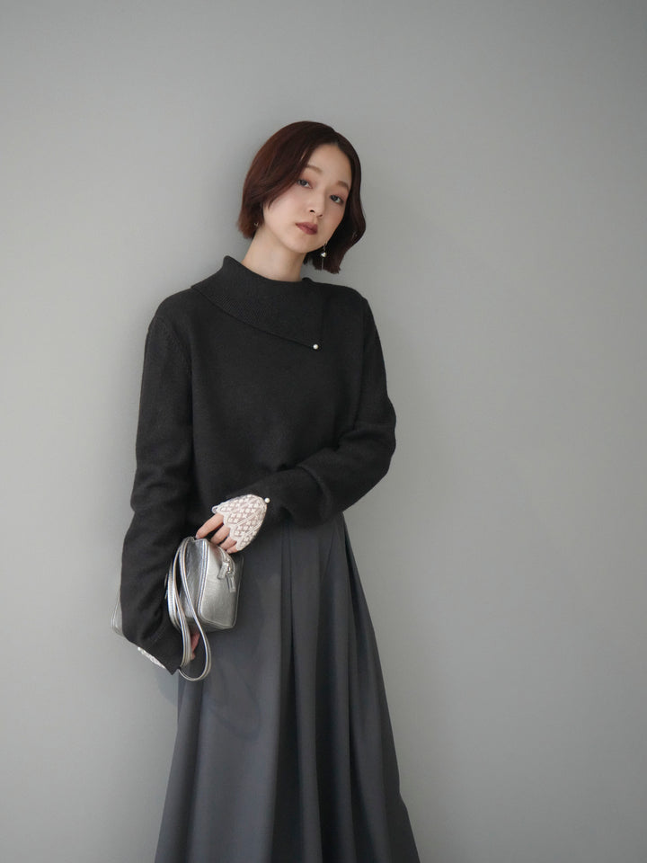 [SET]袖レースパール付き配色ニットトップス+テープベルトタックバギーパンツ(2set)