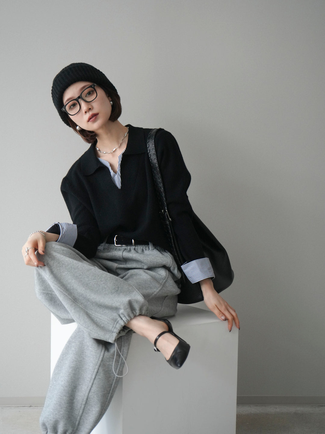 [予約]シャツレイヤードスキッパーニットプルオーバー/black