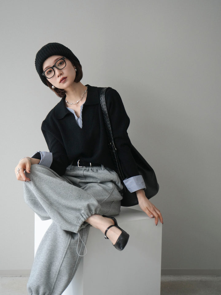 [予約]シャツレイヤードスキッパーニットプルオーバー/black