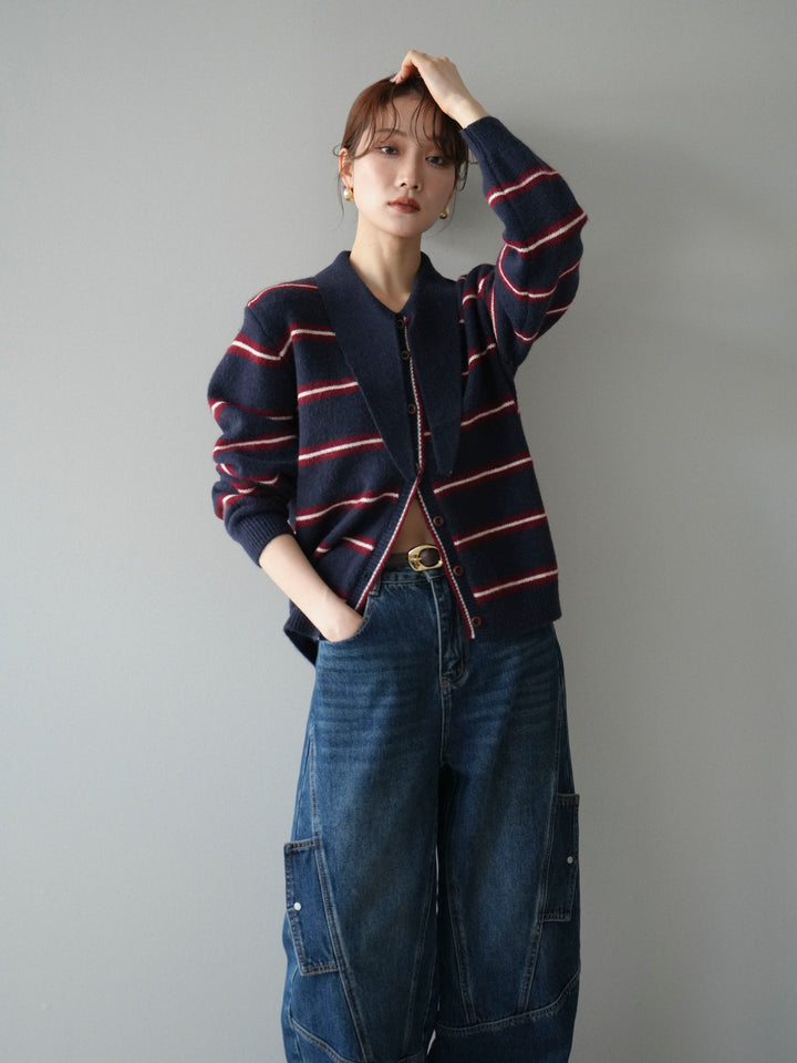 [予約]ボウタイボーダーニットカーディガン/navy