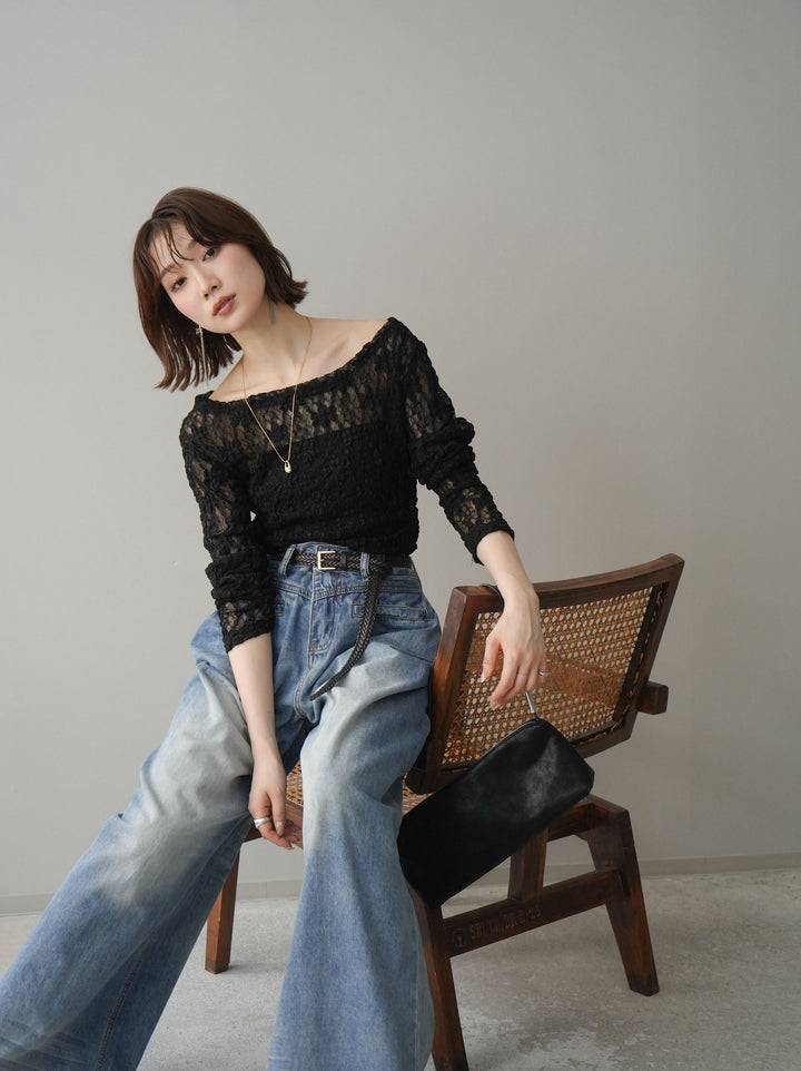 [予約]サイドギャザーレーストップス/black