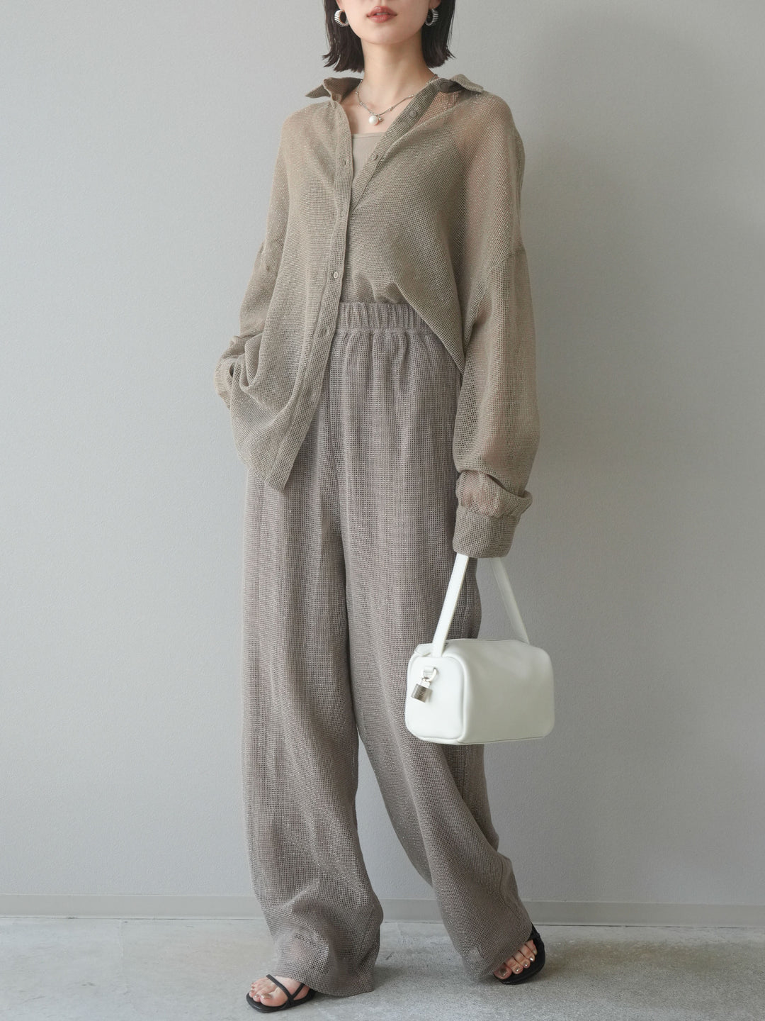 [預購] 棉金銀絲網眼休閒褲/米色