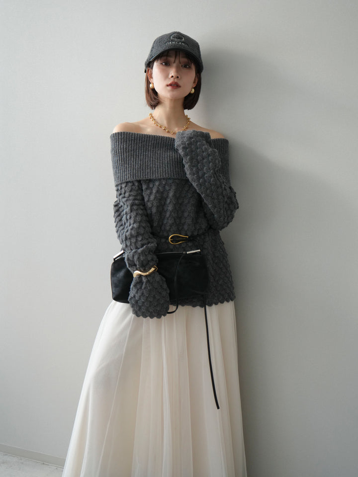 [予約]ポコポコ編みオフショルニットプルオーバー/gray