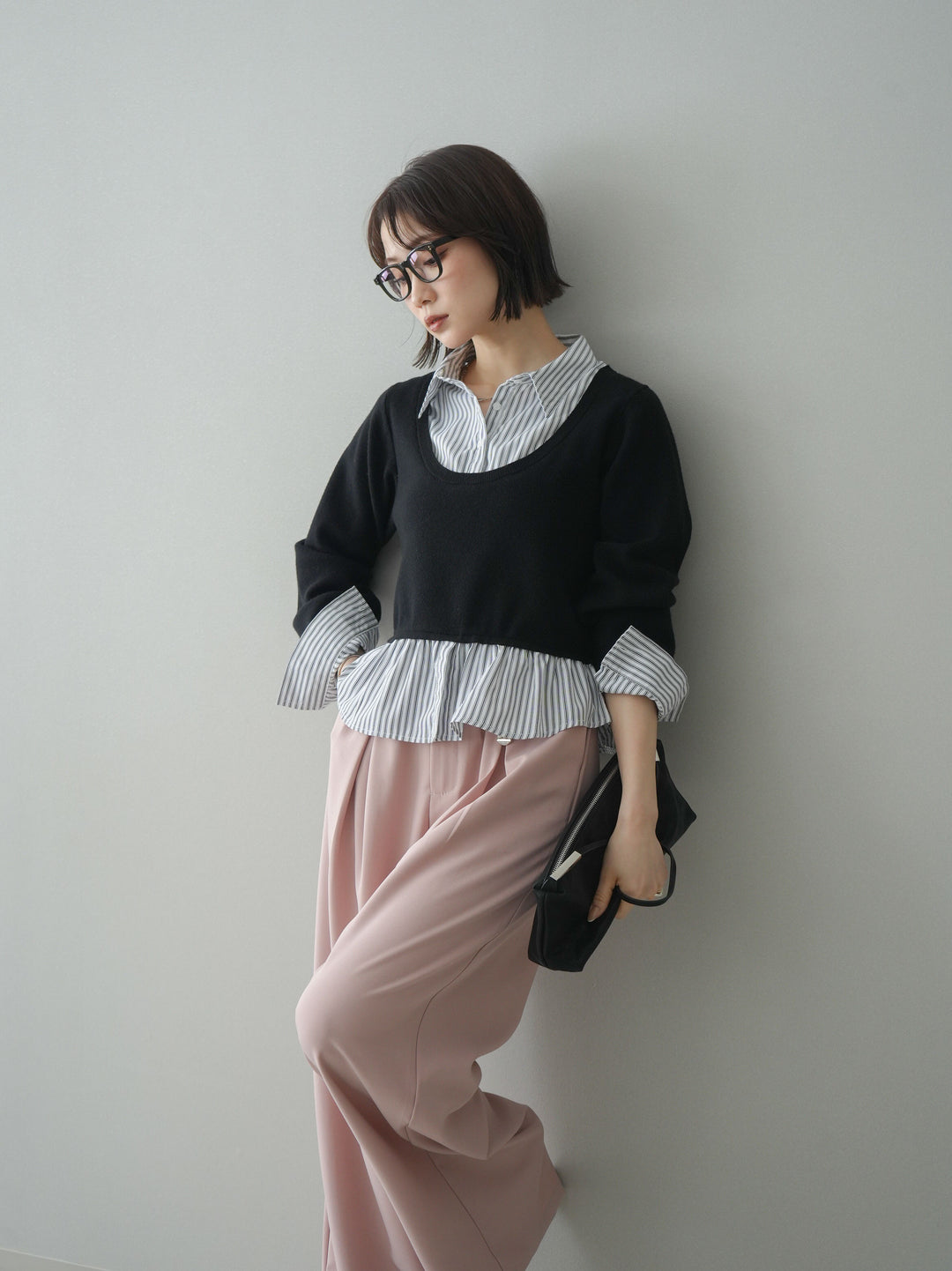 [予約]ストライプシャツUネックドッキングニットプルオーバー/blackoffstripe