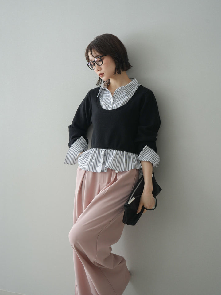 [予約]ストライプシャツUネックドッキングニットプルオーバー/blackoffstripe