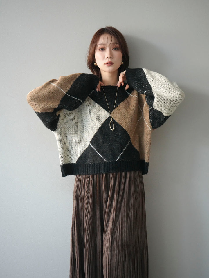 [予約]配色ステッチアーガイル柄ニットプルオーバー/black