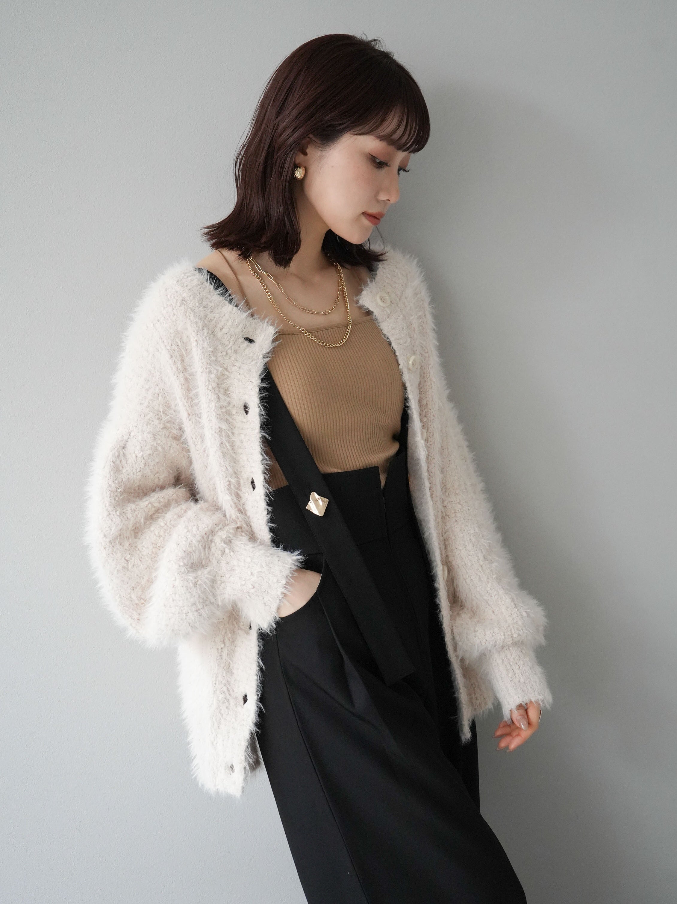 SET]クルーネックランダムシャギーカーディガン+ゴールドボタン