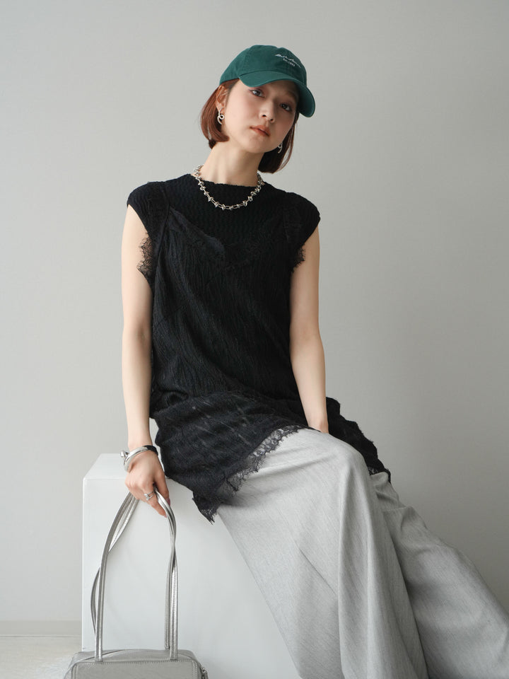 [予約]レース切替ジャガードニットロングキャミソール/black