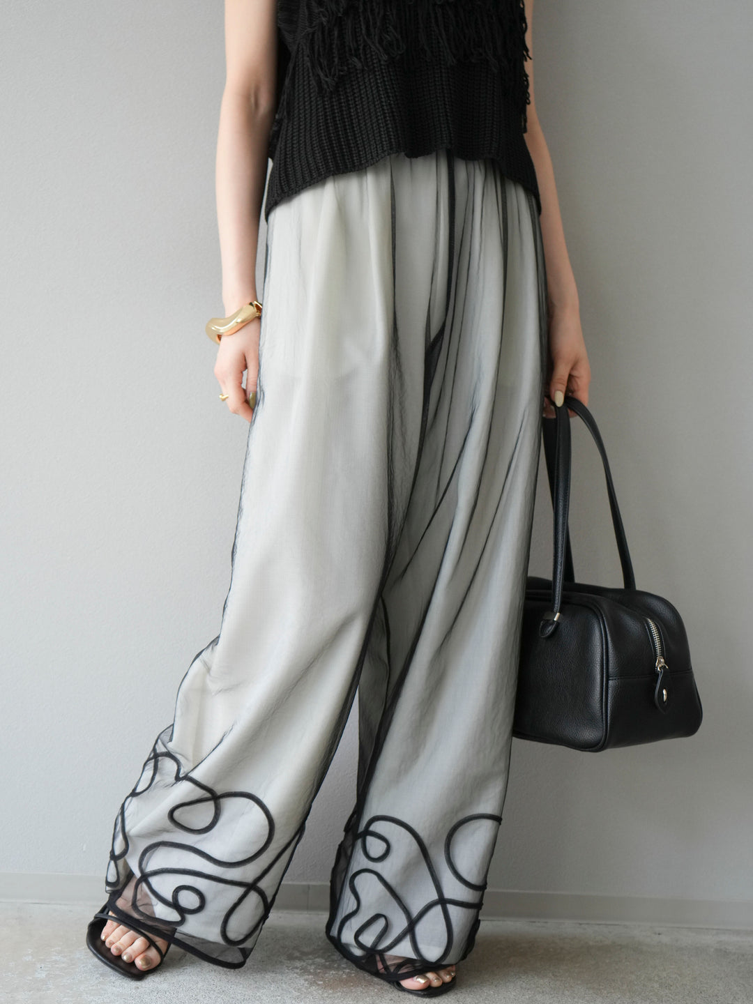 [SET]透かし編みフリンジニットトップス+コード刺繍チュールレイヤードパンツ(2set)