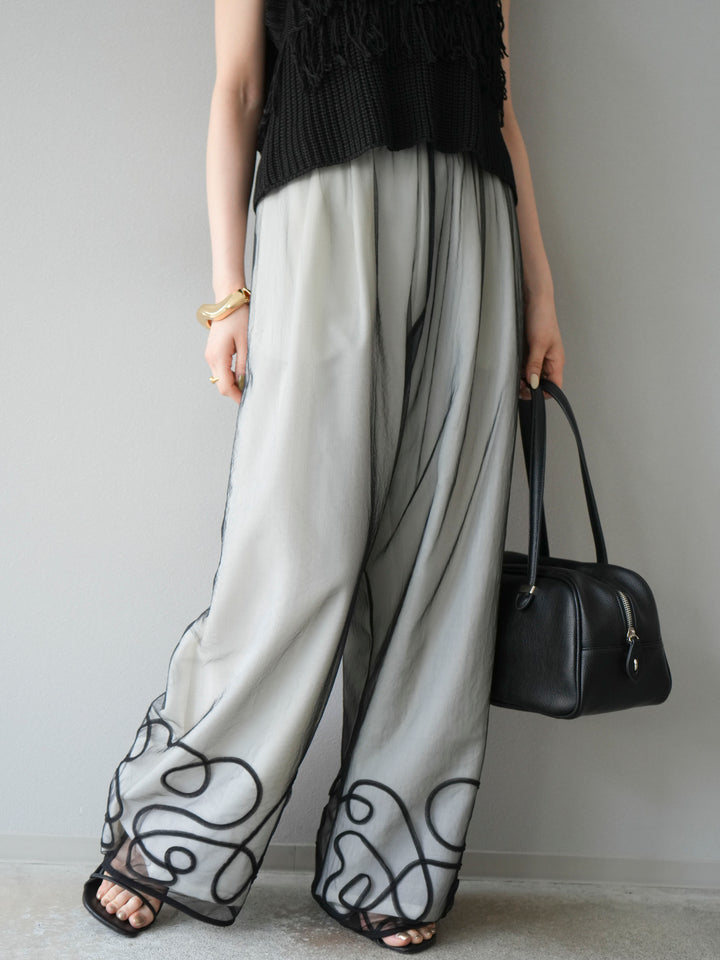 [SET]透かし編みフリンジニットトップス+コード刺繍チュールレイヤードパンツ(2set)