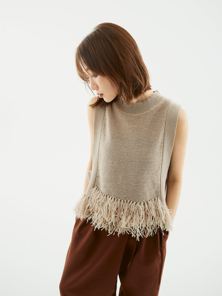 【Allure】[SET]フェザーヤーンニットベスト+ラップデザインタックワイドパンツ(2set)