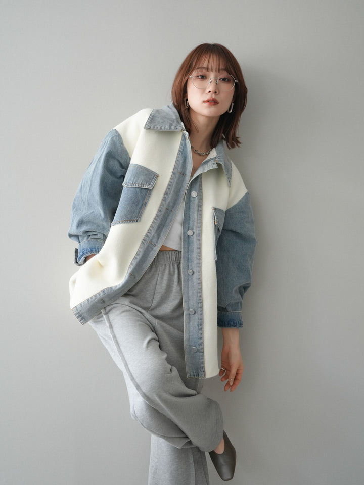 [予約]デニム襟ダブルフェイスニットカーディガン/white